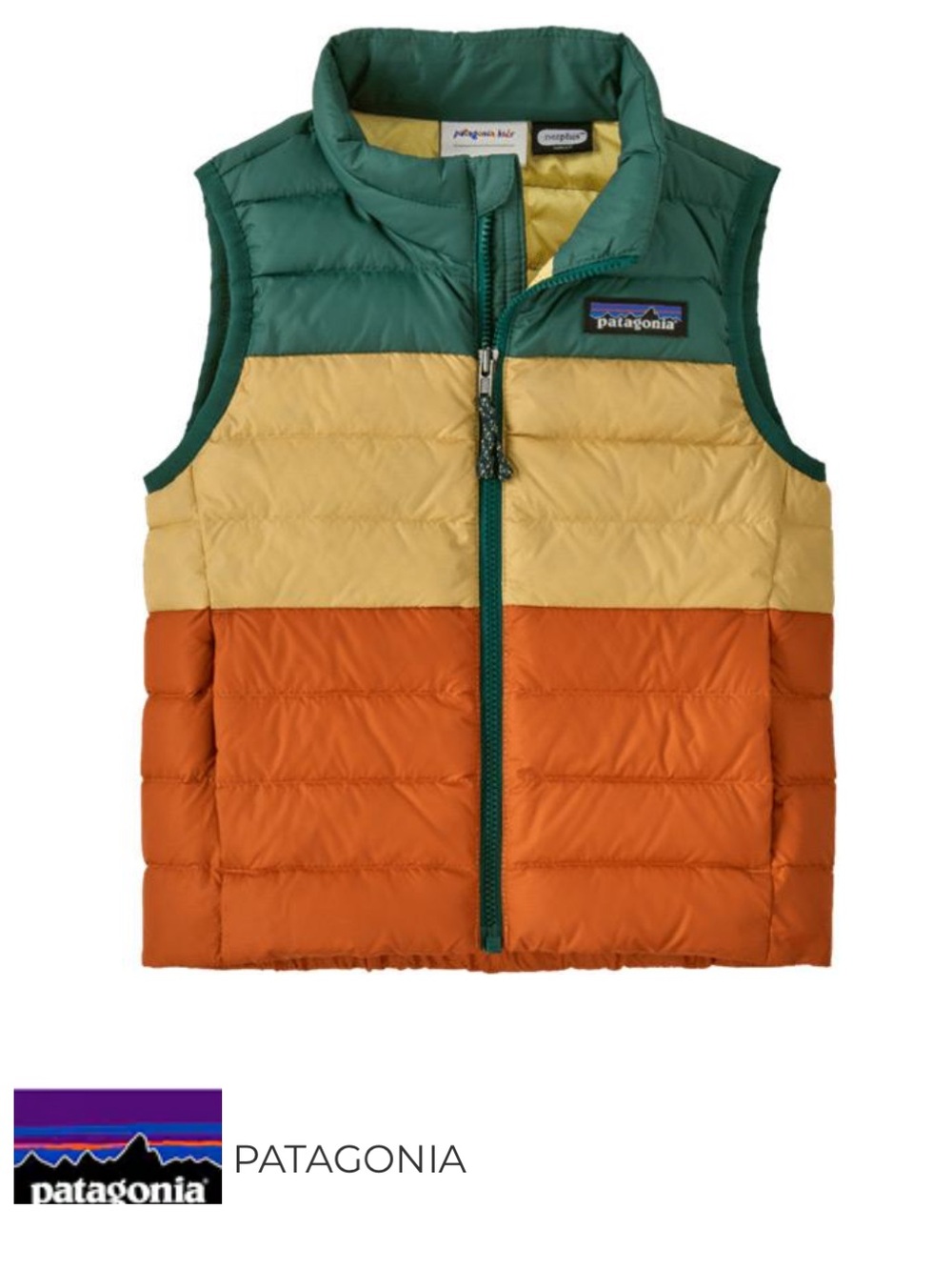 Patagonia Colorblock Puffer Vest — Green, Yellow, Orange